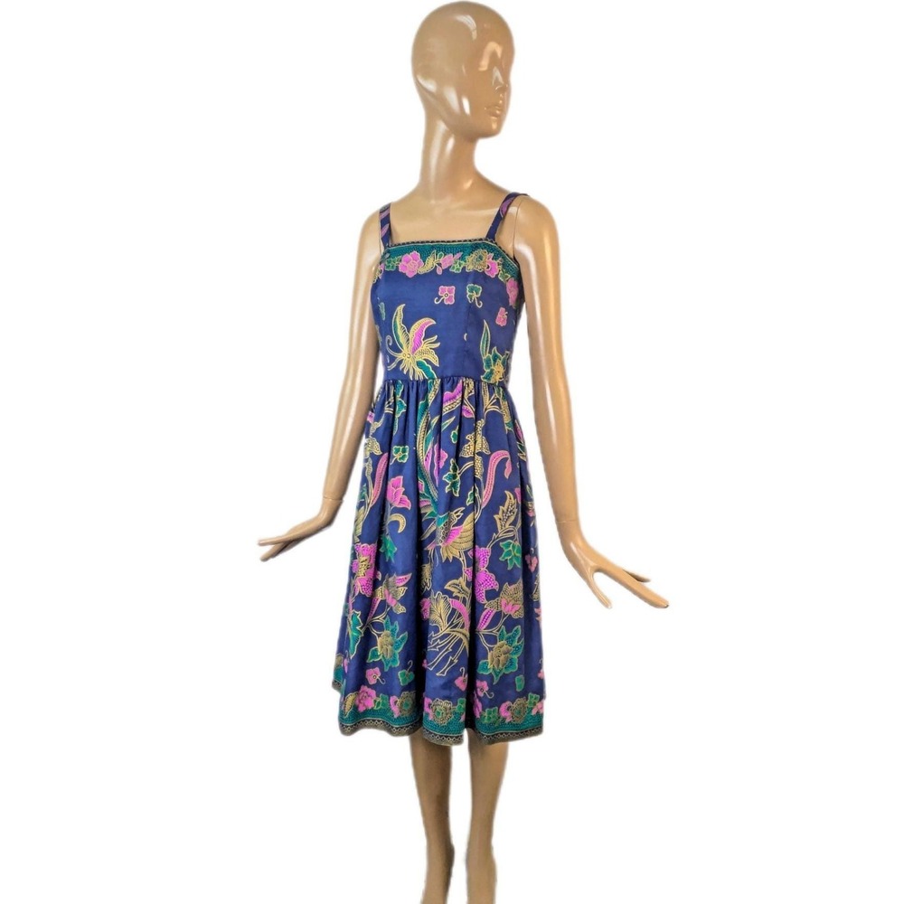 Vintage 1970s colorful block print dress |‎ A-line tiki floral sundress